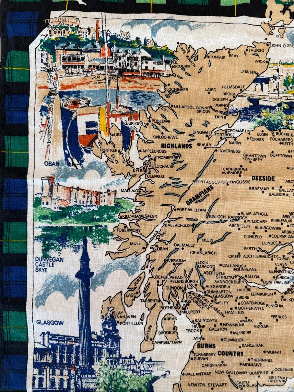 Vintage Maurice Oliphant Scotland Map Tea Towel Wall Hanging Tartan - Made in UK